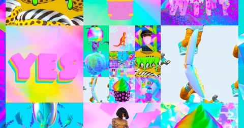 Looped 4k animation. 2d, 3d Crazy chaos mix of fashion objects and characters. Stock Footage 167890601