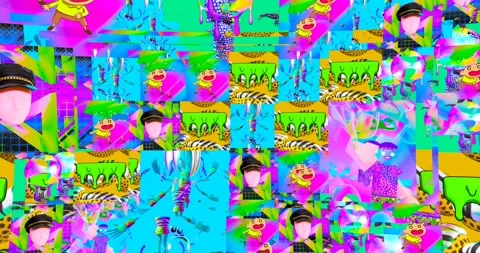 Looped 4k animation. 2d, 3d Crazy chaos mix of fashion objects and characters. Stock Footage 167890627