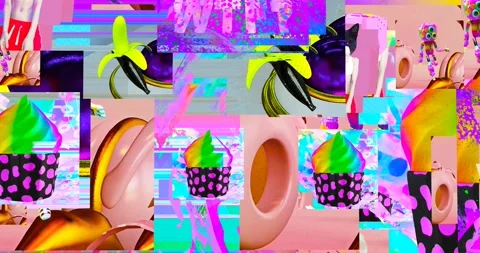 Looped 4k animation. 2d, 3d Crazy chaos mix of fashion objects and characters. Stock Footage 167890658