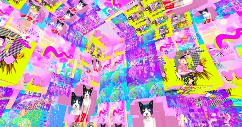 Looped 4k animation. 2d, 3d Crazy chaos mix of fashion objects and characters. Stock Footage 167890664