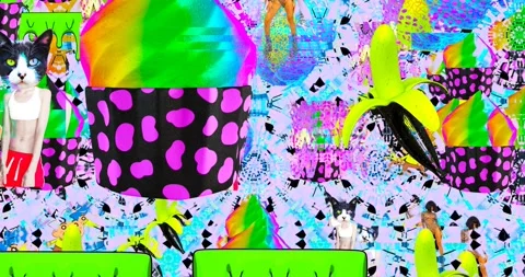 Looped 4k animation. 2d, 3d Crazy chaos mix of fashion objects and characters. Stock Footage 167890699