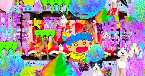 Looped 4k animation. 2d, 3d Crazy chaos mix of fashion objects and characters. Stock Footage 167890745
