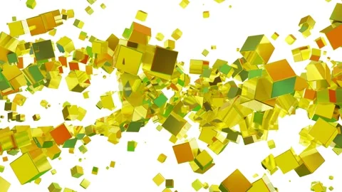 Looped abstract animated background. metallic yellow cubes fly on a white backgr Stock Footage 237432674