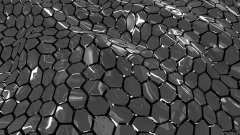 Looped abstract grid of waves of metallic or ceramic black hexagons with re.. Stock Illustration
