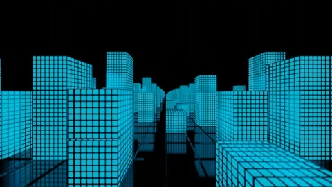 Looped animated background. Flying through a stylized 3d city with blue glowing  Видео 247647241