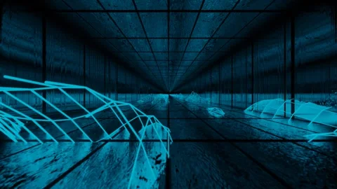 Looped animated background. flying through a dark endless tunnel with a blue glo Video stock 247647282