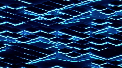 Looped animated background of many dark blue cubes with bright neon illumination Stock Footage 171213082