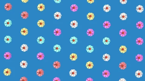 Looped animated pattern of randomly rotating colorful flowers on blue background Stock Footage 305784638