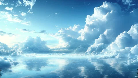 A looped animation of blue clouds drifting over a calm lake Stock Footage 302345928