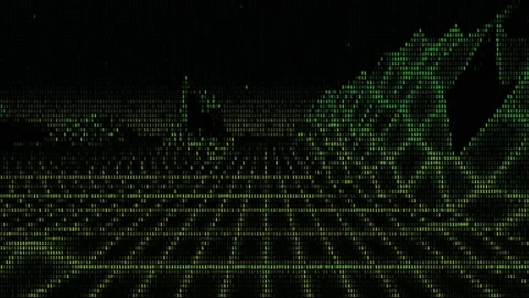 Looped binary numbers retro background horizon landscape with nlow poly terrain Stock Footage 130877677