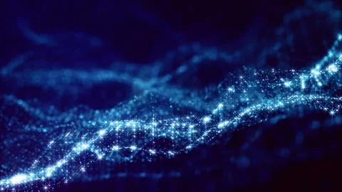 Looped blue animated abstract sci-fi background with wavy glow particles like Video stock 125955380