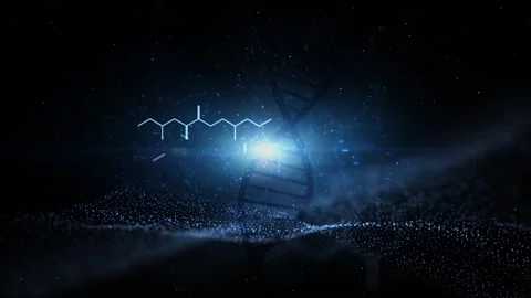 Looped dark wavy space with dna chain and hexagon molecules animation Stock Footage 338405423