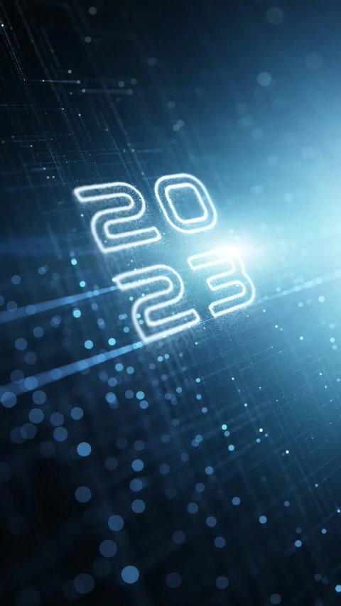 Looped digital technology network with 2023 year celebration Stock Footage 340236699