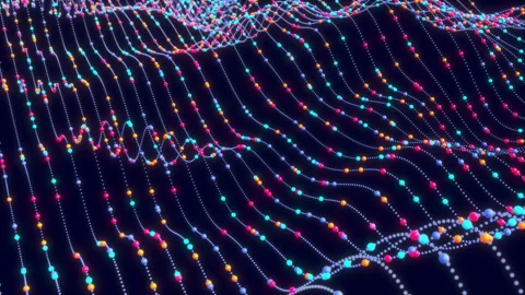 Looped glowing dots and waves of grid mesh surface abstract background 4k Stock Footage 272229539
