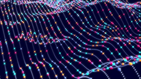 Looped glowing dots, waves and sparkles of grid mesh surface 4k animation Stock Footage 274006957