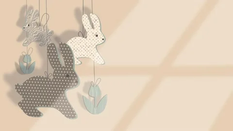 Looped motion background for Easter toy bunnies on a string in a sunny room Stock Footage 150772569