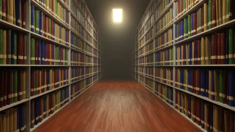 Looped move between university library shelves with lot of books on each shelf Vídeos de archivo 119662056