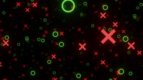 Looped moving through glowing red X symbols and neon green circular rings Stock Footage 328306139