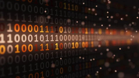 Looped orange binary code animation with glowing data particles. 動画素材 344161779