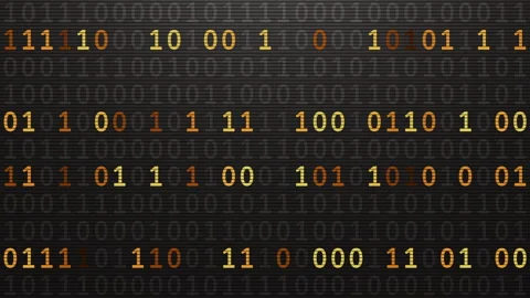 Looped orange binary code rows on a dark digital screen. Stock Footage 338989322