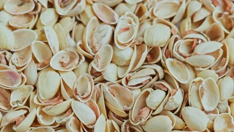 Looped rotating empty pistachios shells full frame close-up background Video stock 164091607