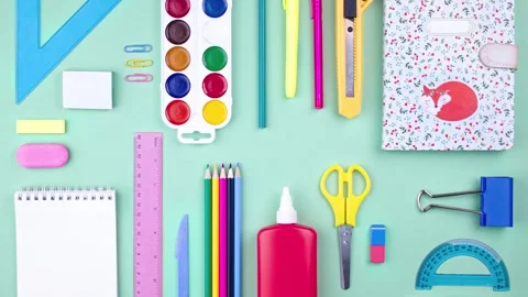 Looped school of office stop motion animation, layout table back to school Stock Footage 283479067