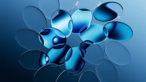 Looping 3d animation. Abstract blue aesthetic background. Round glass lenses Stock Footage 316089581