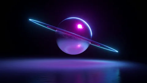 Looping 3d animation of abstract saturn planet with neon rings spinning Stock Footage 229706396