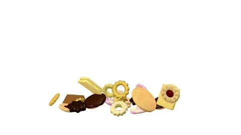 Looping 3d animation of assorted biscuits bouncing into frame and out again on Stock Footage 85481594