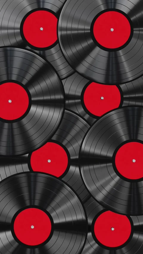Looping 3D animation of the black vinyl records with red labels rendered in UHD Stock Footage 274290785