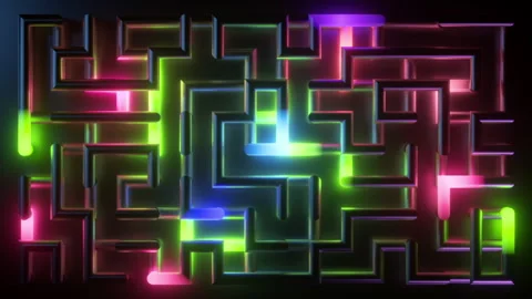 Looping 3D animation of bright neon lights moving through a maze of tubes Stock Footage 284373750