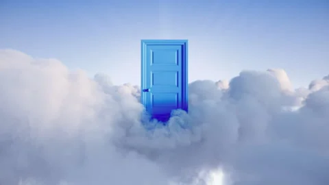 Looping 3d animation, flight through opening blue doors in the sky. Video stock 197464984