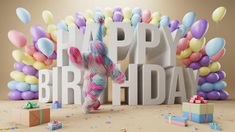 Looping 3d animation. Funny hairy monster is dancing in front of Happy Birthday Stock Footage 330062289