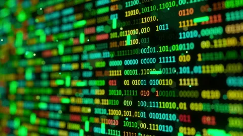 Looping 3D animation of glowing multicolor binary code Stock Footage 341885551