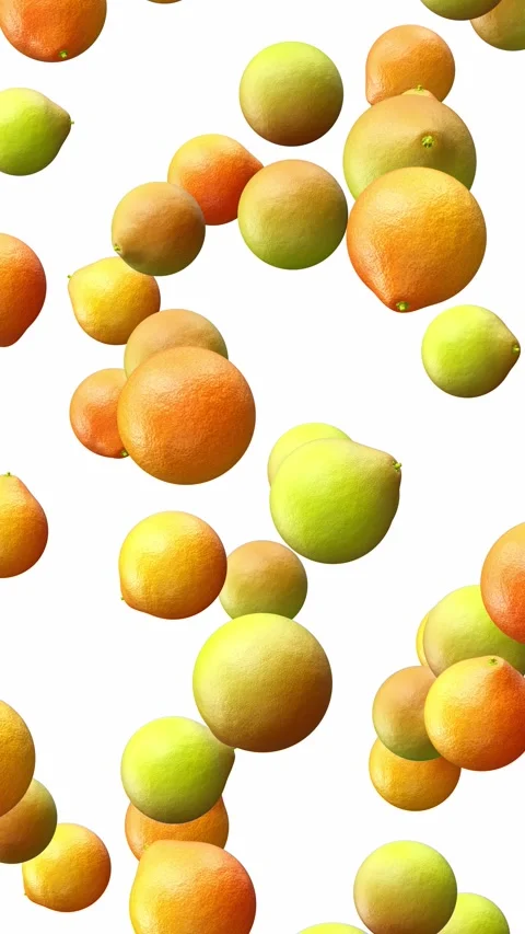 Looping 3D animation of the green and orange ripe pomelos falling from the top Stock Footage 274556129
