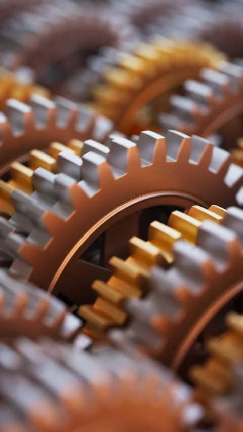 Looping 3D animation of interlocking gears in motion. Stock Footage 315968910