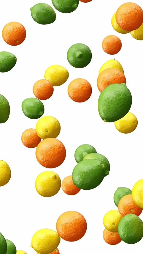 Looping 3D animation of the mandarins and lemons falling from the top Stock Footage 274291129