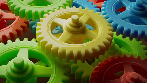 Looping 3D animation multi-colored plastic toy gears. 스톡 동영상 271663936
