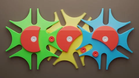 Looping 3D animation multi-colored plastic toy gears. Video stock 271665498