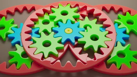 Looping 3D animation multi-colored plastic toy gears. Stock Footage 276432101