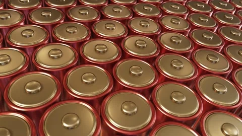 Looping 3D animation of the red lithium batteries mass production Video stock 274834631