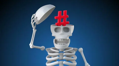 Looping 3d animation of a skeleton opening its skull to reveal a hash tag Stock Footage 62392687
