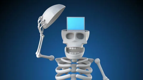 Looping 3d animation of a skeleton opening its skull to reveal a laptop pc Stock Footage 62393978