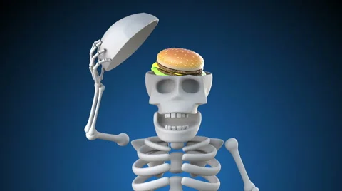 Looping 3d animation of skeleton revealing a burger inside its skull Stock Footage 62255124