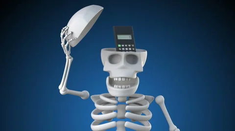 Looping 3d animation of skeleton revealing a calculator inside its skull Stock Footage 62304961