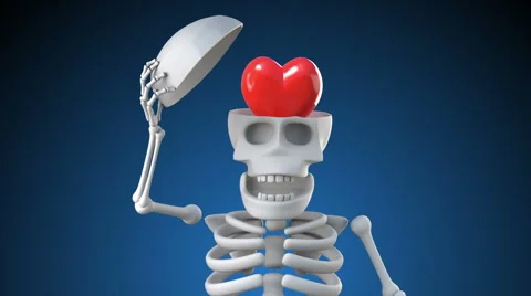 Looping 3d animation of skeleton revealing a heart inside its skull Stock Footage 62307221