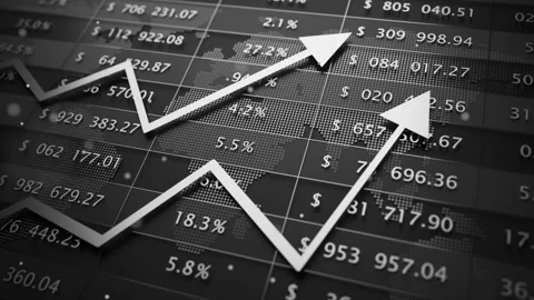 Looping 3D animation of upward stock market arrows and financial data. Stock Footage 344174238
