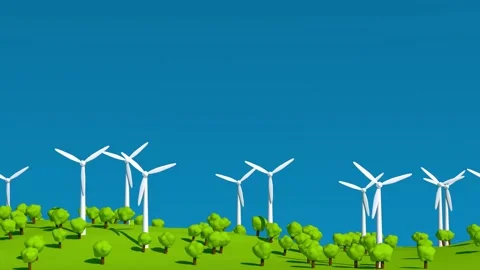 Looping 3D animation of wind turbines on a green landscape Video stock 306536453