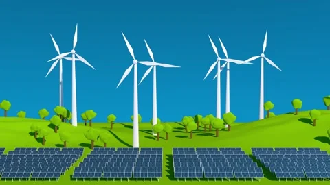 Looping 3D animation of wind turbines and solar panels on a green landscape Stock Footage 306613214
