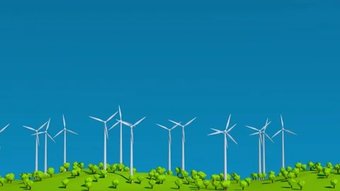 Looping 3D animation of wind turbines on a green landscape Stock Footage 308098466
